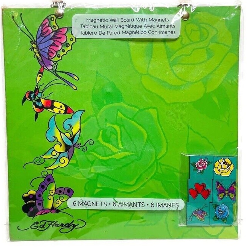 Vintage Ed Hardy Magnetic Wall Board 6 Magnets Green Butterfly Rose Tattoo Art